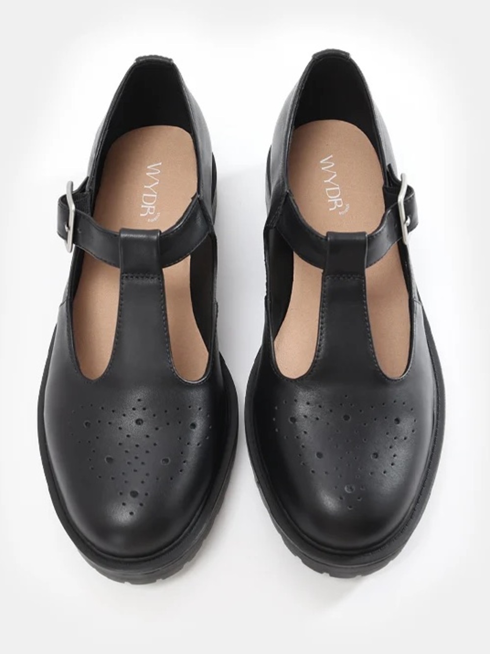 WYDR T-Strap Mary Jane Shoes NEW Wide Width Black Leather Lug Sole Size 12WW